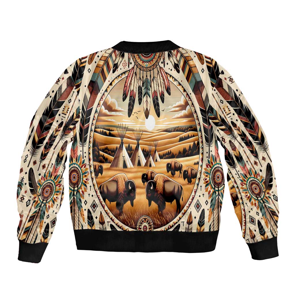 Native American Life Bomber Jacket Teepee Village With Buffalo Bison - Wonder Print Shop