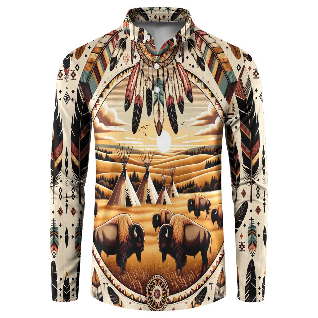 Native American Life Button Sweatshirt Teepee Village With Buffalo Bison - Wonder Print Shop