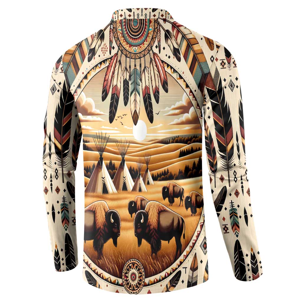Native American Life Button Sweatshirt Teepee Village With Buffalo Bison - Wonder Print Shop