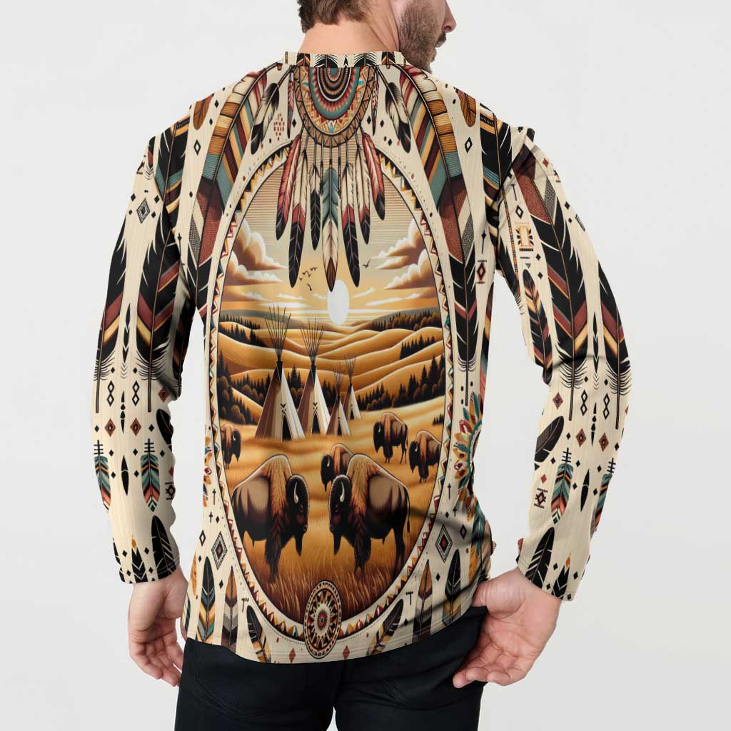 Native American Life Button Sweatshirt Teepee Village With Buffalo Bison - Wonder Print Shop