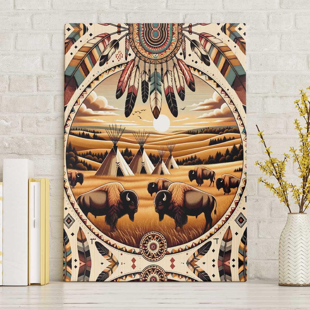 Native American Life Canvas Wall Art Teepee Village With Buffalo Bison - Wonder Print Shop
