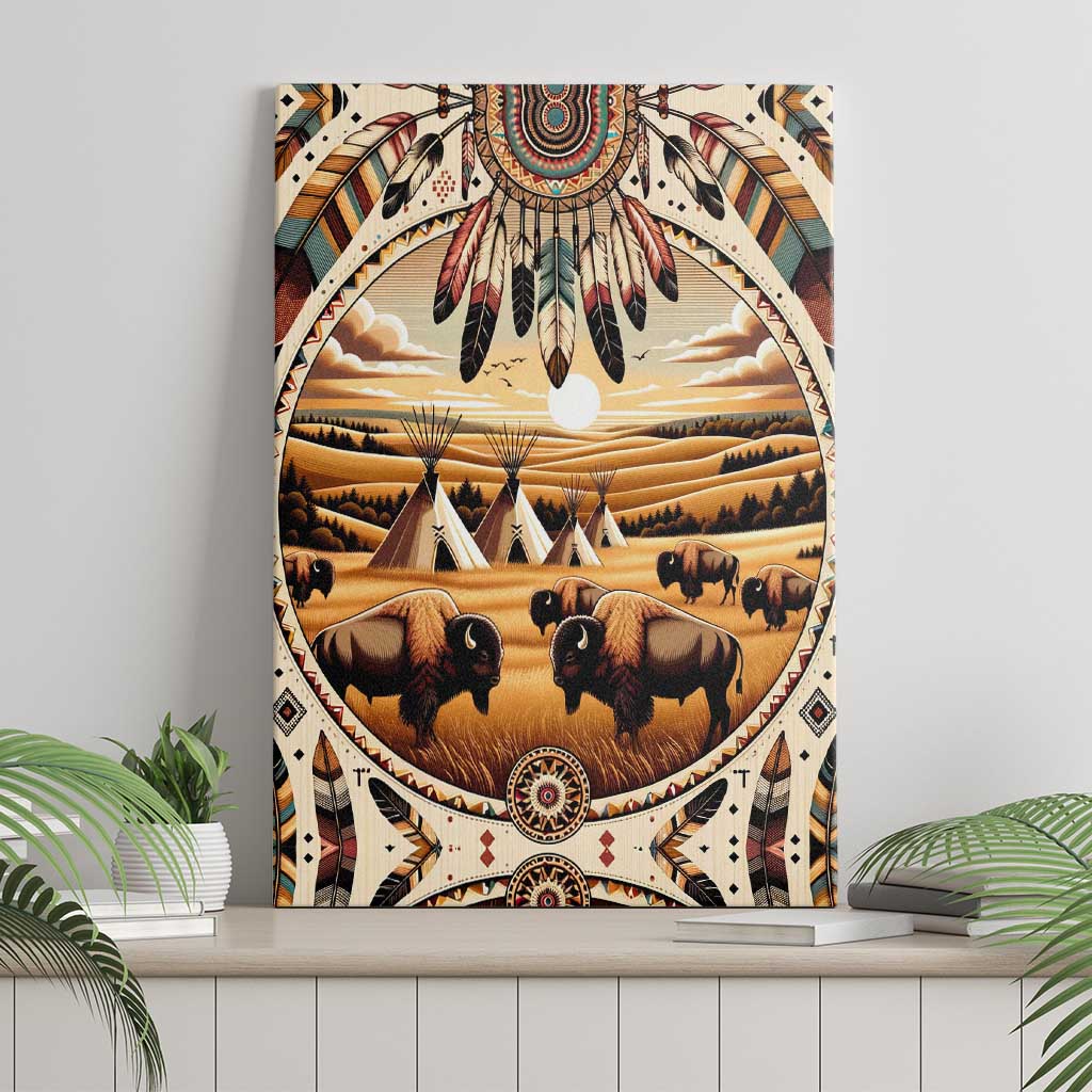 Native American Life Canvas Wall Art Teepee Village With Buffalo Bison - Wonder Print Shop