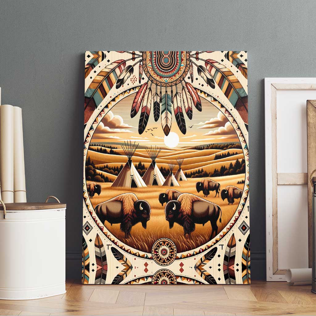 Native American Life Canvas Wall Art Teepee Village With Buffalo Bison - Wonder Print Shop