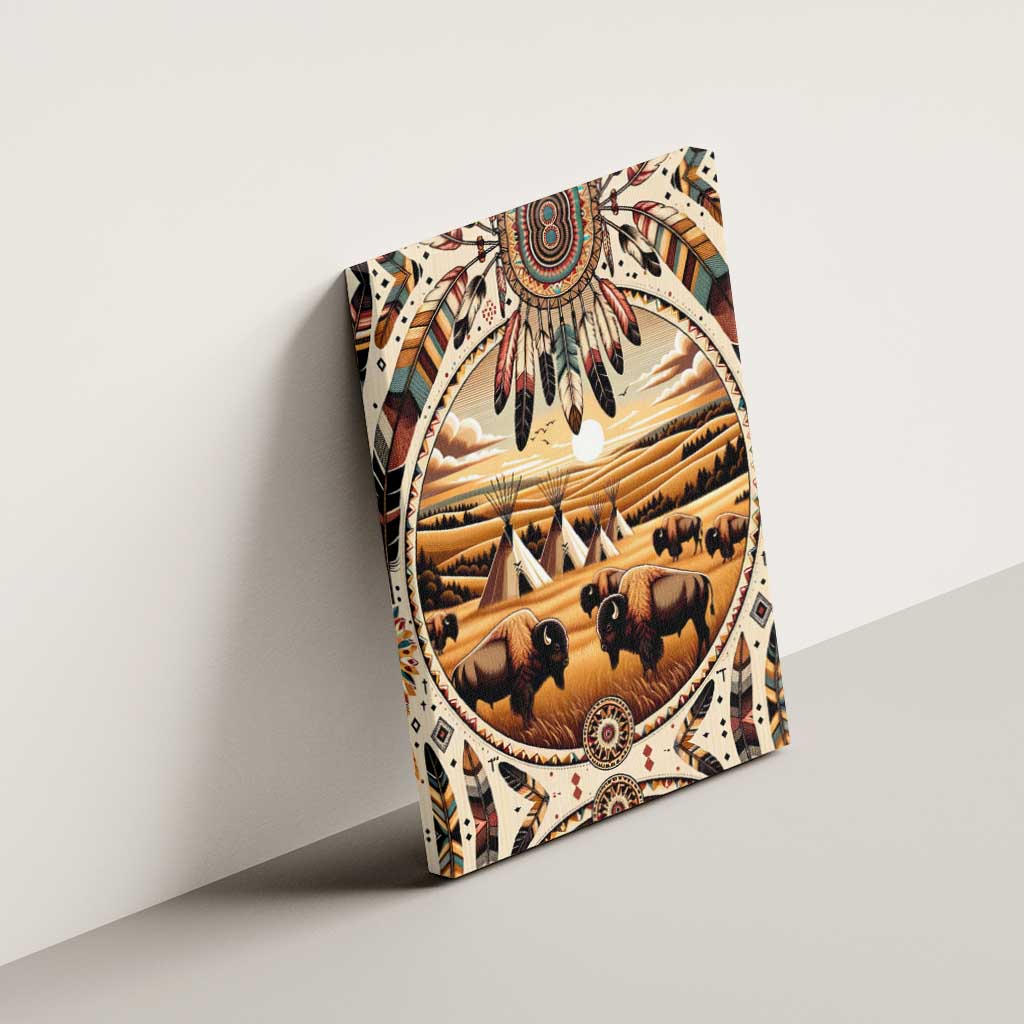 Native American Life Canvas Wall Art Teepee Village With Buffalo Bison - Wonder Print Shop
