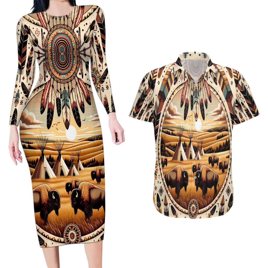 Native American Life Couples Matching Long Sleeve Bodycon Dress and Hawaiian Shirt Teepee Village With Buffalo Bison - Wonder Print Shop