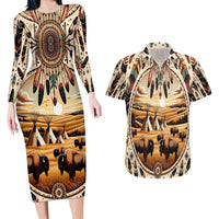 Native American Life Couples Matching Long Sleeve Bodycon Dress and Hawaiian Shirt Teepee Village With Buffalo Bison - Wonder Print Shop