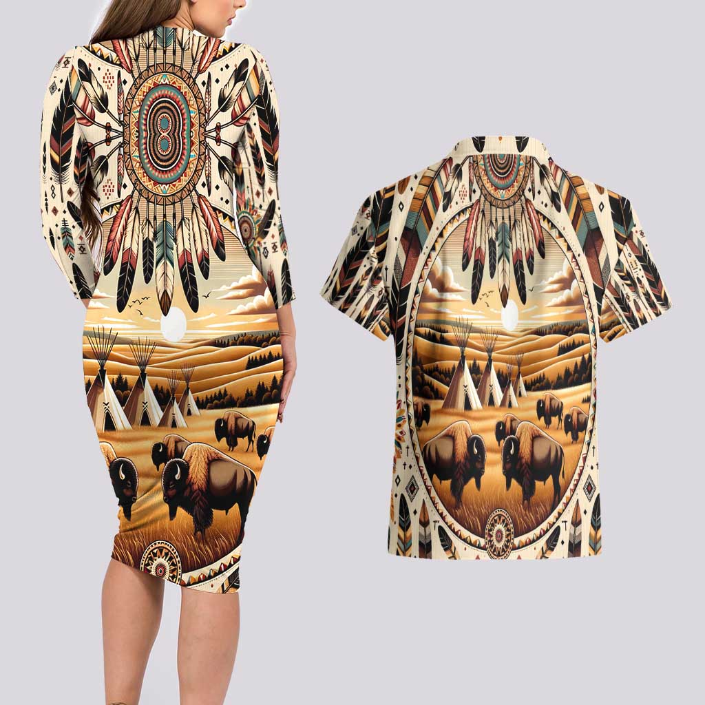 Native American Life Couples Matching Long Sleeve Bodycon Dress and Hawaiian Shirt Teepee Village With Buffalo Bison - Wonder Print Shop