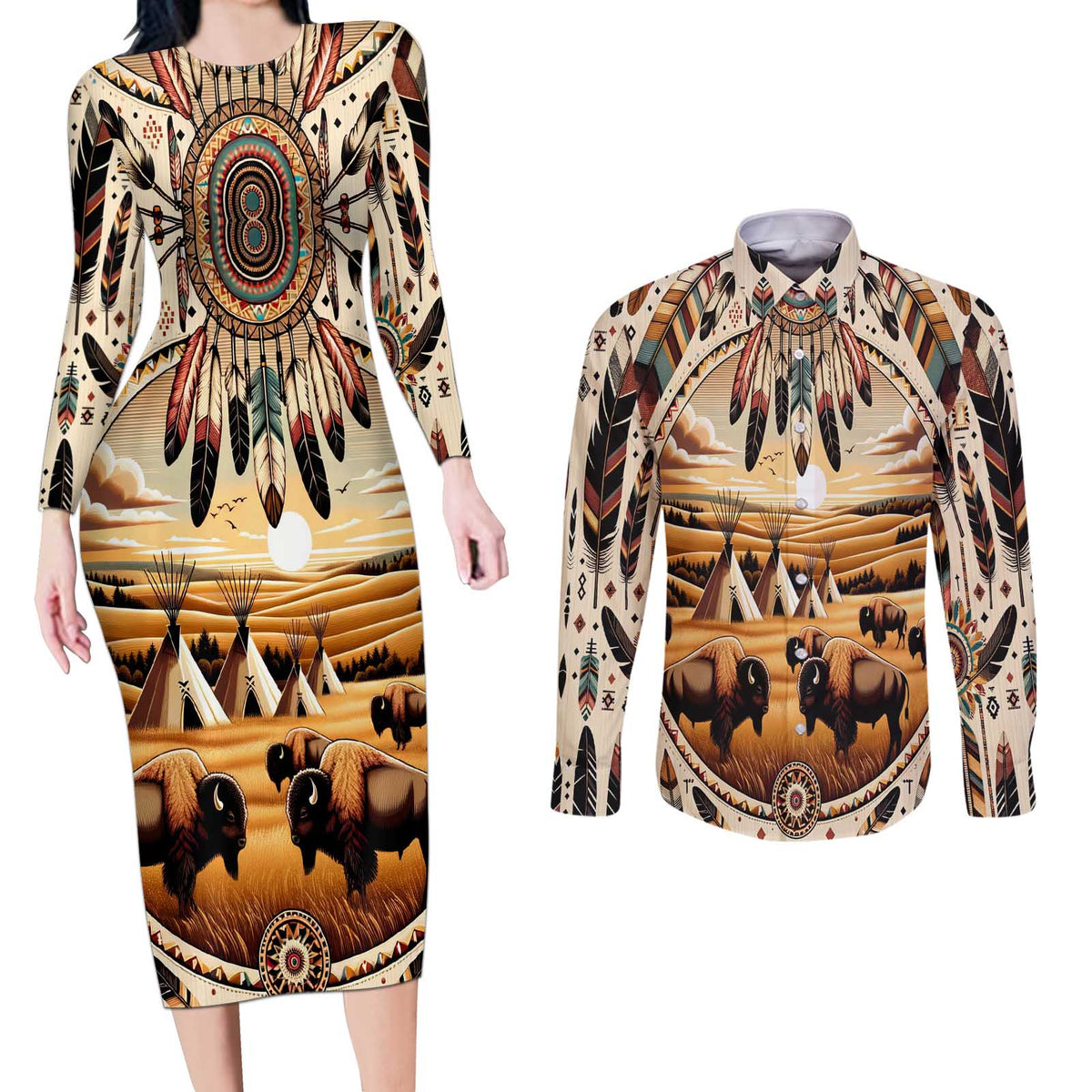 Native American Life Couples Matching Long Sleeve Bodycon Dress and Long Sleeve Button Shirt Teepee Village With Buffalo Bison - Wonder Print Shop