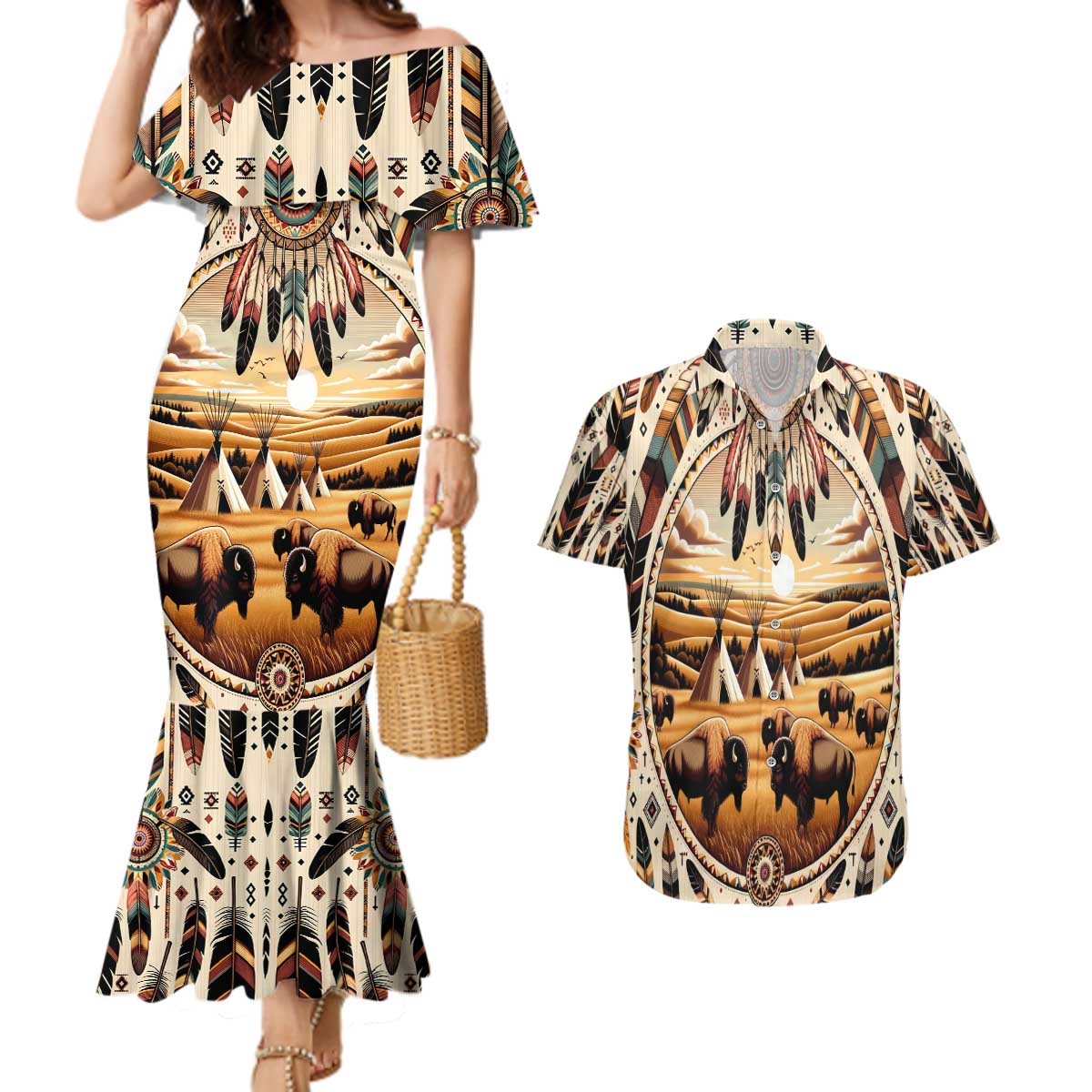 Native American Life Couples Matching Mermaid Dress and Hawaiian Shirt Teepee Village With Buffalo Bison - Wonder Print Shop