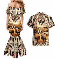 Native American Life Couples Matching Mermaid Dress and Hawaiian Shirt Teepee Village With Buffalo Bison - Wonder Print Shop