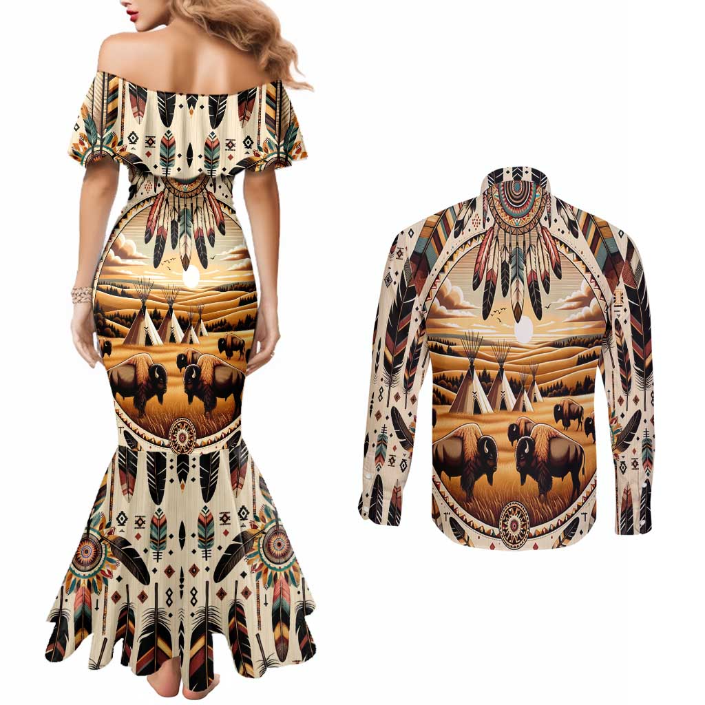 Native American Life Couples Matching Mermaid Dress and Long Sleeve Button Shirt Teepee Village With Buffalo Bison