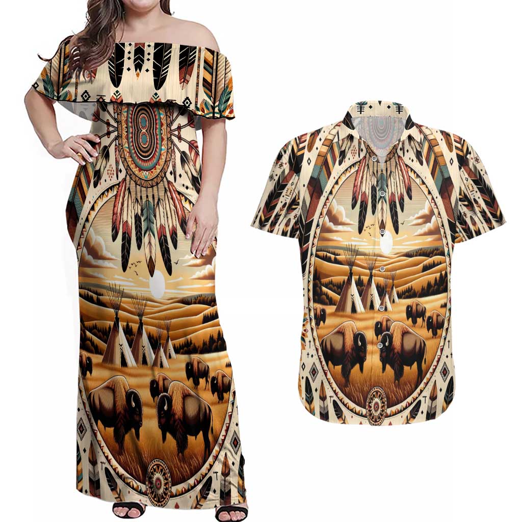 Native American Life Couples Matching Off Shoulder Maxi Dress and Hawaiian Shirt Teepee Village With Buffalo Bison - Wonder Print Shop