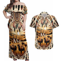 Native American Life Couples Matching Off Shoulder Maxi Dress and Hawaiian Shirt Teepee Village With Buffalo Bison - Wonder Print Shop