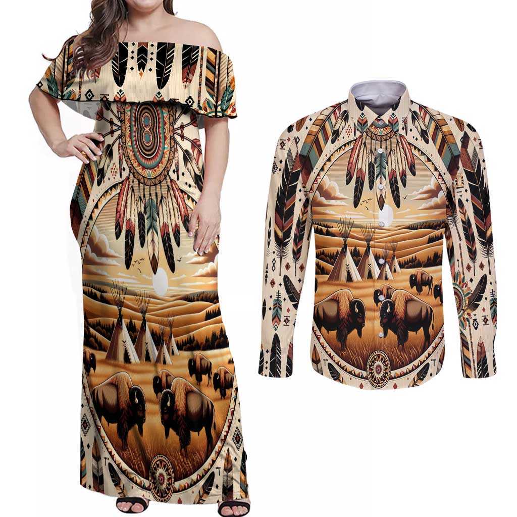 Native American Life Couples Matching Off Shoulder Maxi Dress and Long Sleeve Button Shirt Teepee Village With Buffalo Bison - Wonder Print Shop