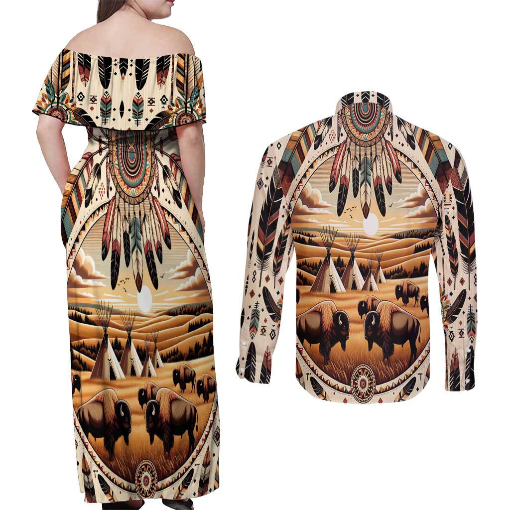 Native American Life Couples Matching Off Shoulder Maxi Dress and Long Sleeve Button Shirt Teepee Village With Buffalo Bison - Wonder Print Shop