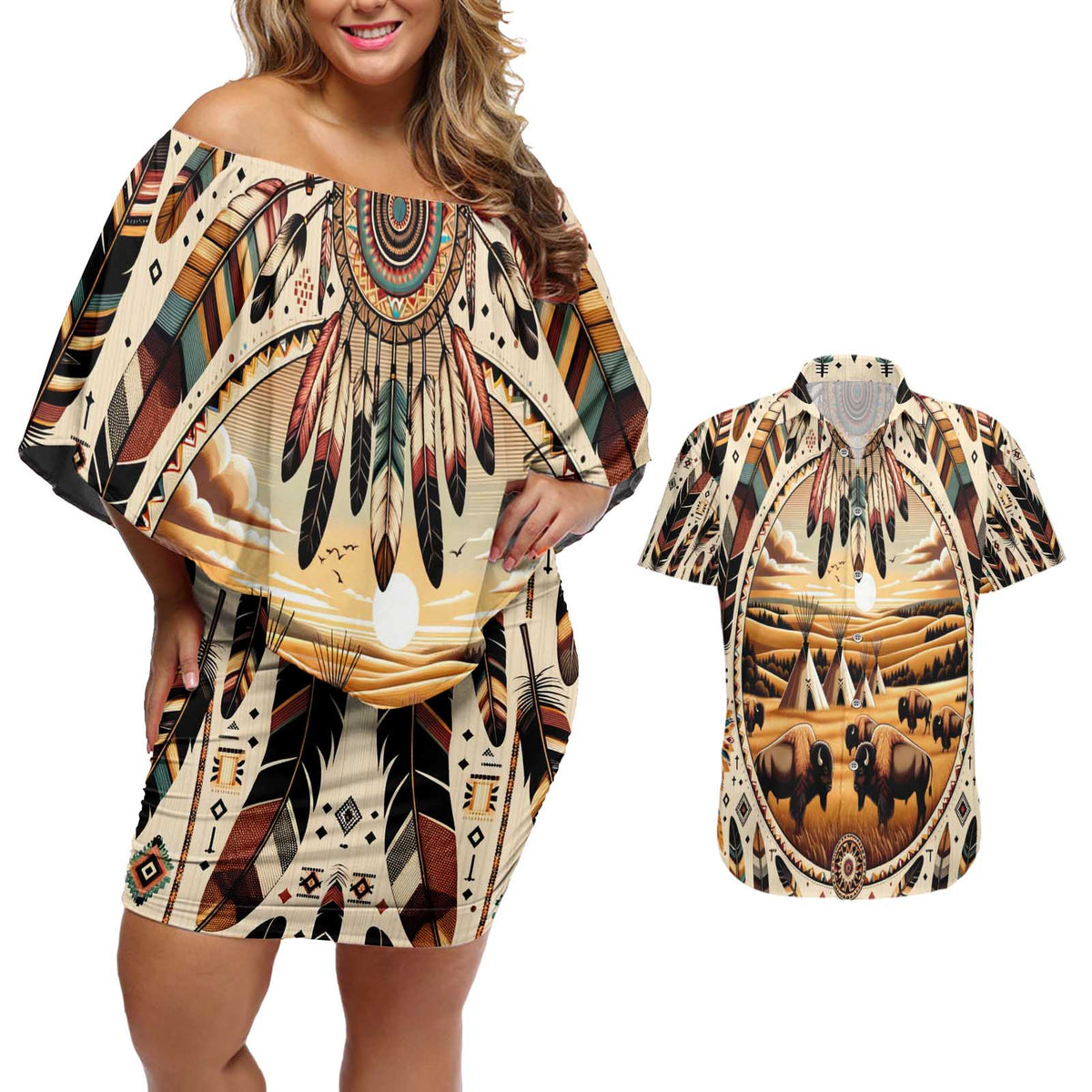 Native American Life Couples Matching Off Shoulder Short Dress and Hawaiian Shirt Teepee Village With Buffalo Bison - Wonder Print Shop
