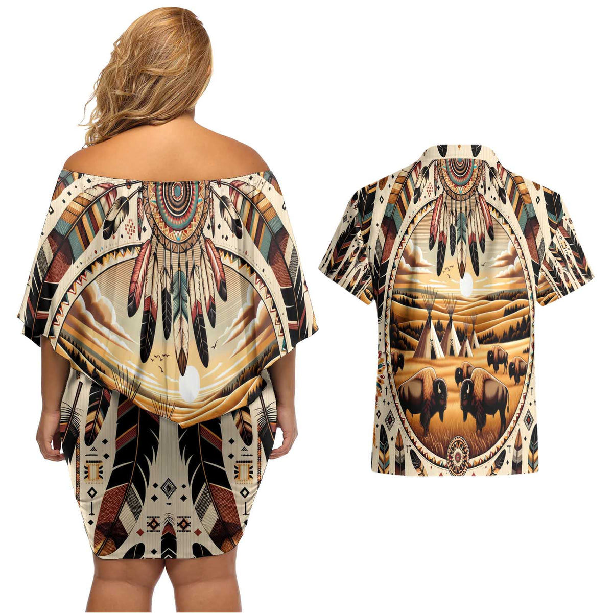 Native American Life Couples Matching Off Shoulder Short Dress and Hawaiian Shirt Teepee Village With Buffalo Bison - Wonder Print Shop
