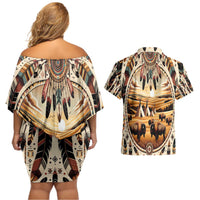 Native American Life Couples Matching Off Shoulder Short Dress and Hawaiian Shirt Teepee Village With Buffalo Bison - Wonder Print Shop