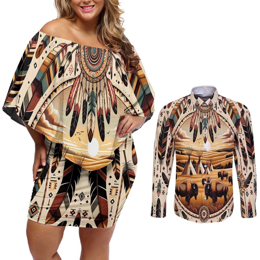 Native American Life Couples Matching Off Shoulder Short Dress and Long Sleeve Button Shirt Teepee Village With Buffalo Bison - Wonder Print Shop