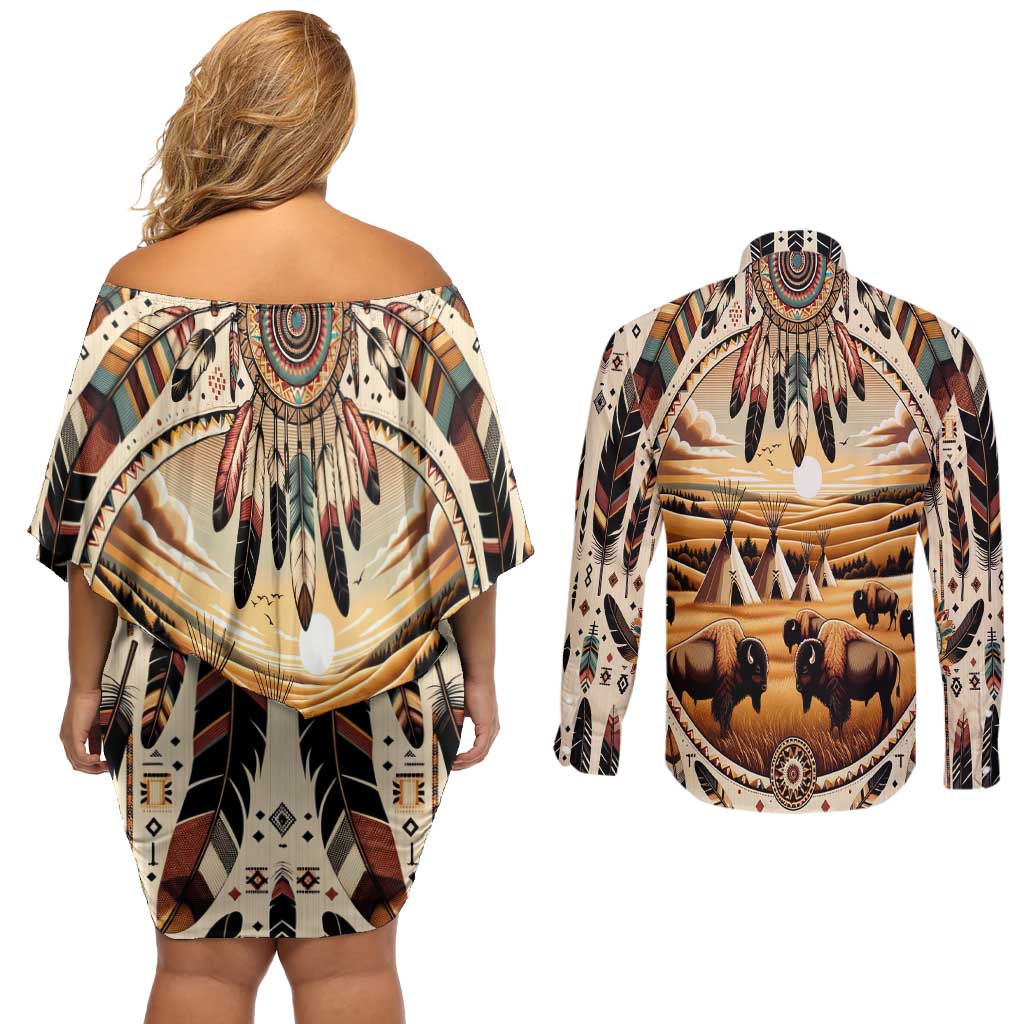 Native American Life Couples Matching Off Shoulder Short Dress and Long Sleeve Button Shirt Teepee Village With Buffalo Bison - Wonder Print Shop