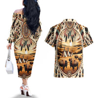 Native American Life Couples Matching Off The Shoulder Long Sleeve Dress and Hawaiian Shirt Teepee Village With Buffalo Bison - Wonder Print Shop