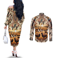 Native American Life Couples Matching Off The Shoulder Long Sleeve Dress and Long Sleeve Button Shirt Teepee Village With Buffalo Bison