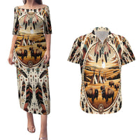 Native American Life Couples Matching Puletasi and Hawaiian Shirt Teepee Village With Buffalo Bison - Wonder Print Shop