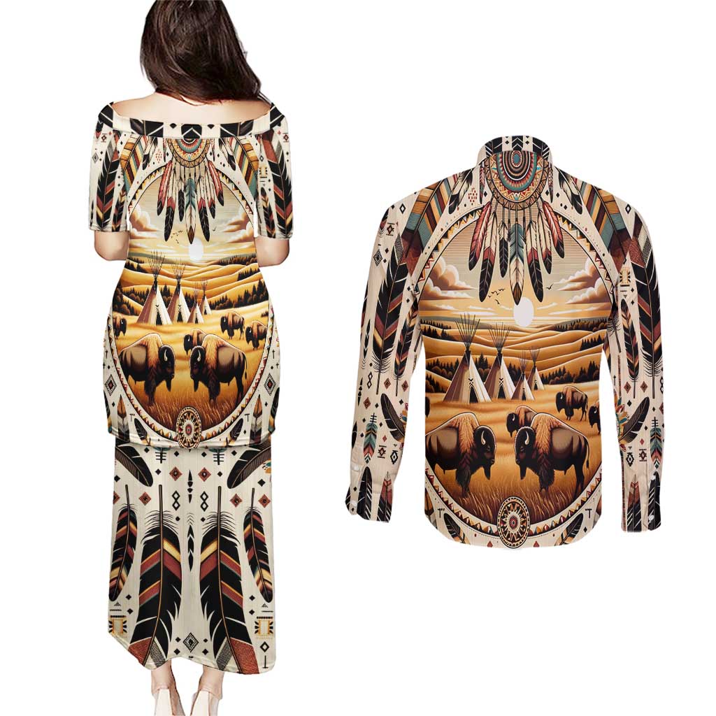 Native American Life Couples Matching Puletasi and Long Sleeve Button Shirt Teepee Village With Buffalo Bison - Wonder Print Shop