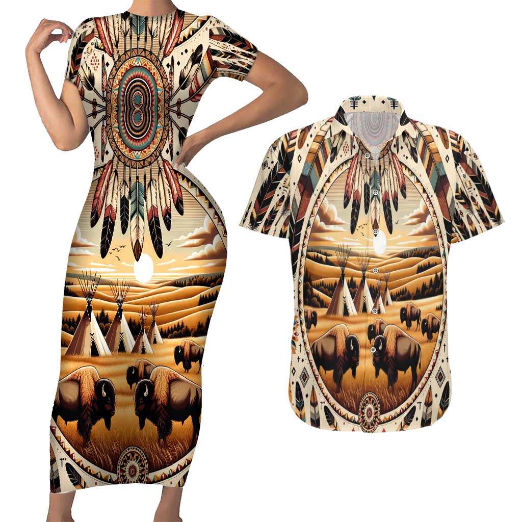 Native American Life Couples Matching Short Sleeve Bodycon Dress and Hawaiian Shirt Teepee Village With Buffalo Bison - Wonder Print Shop