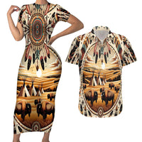 Native American Life Couples Matching Short Sleeve Bodycon Dress and Hawaiian Shirt Teepee Village With Buffalo Bison - Wonder Print Shop