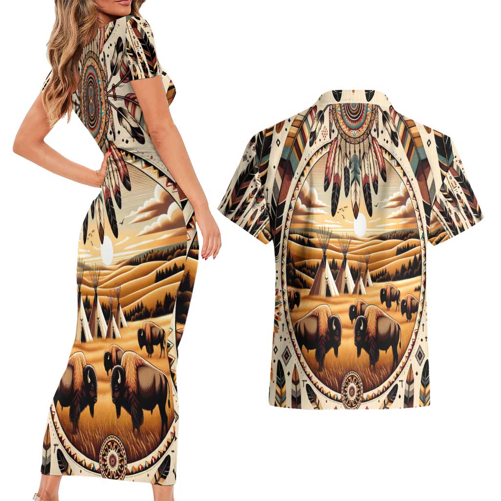 Native American Life Couples Matching Short Sleeve Bodycon Dress and Hawaiian Shirt Teepee Village With Buffalo Bison - Wonder Print Shop