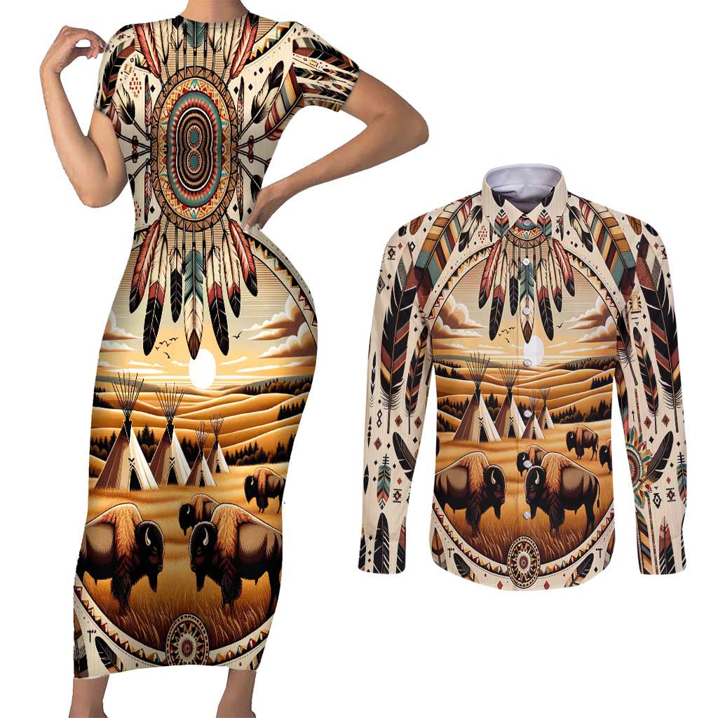Native American Life Couples Matching Short Sleeve Bodycon Dress and Long Sleeve Button Shirt Teepee Village With Buffalo Bison - Wonder Print Shop