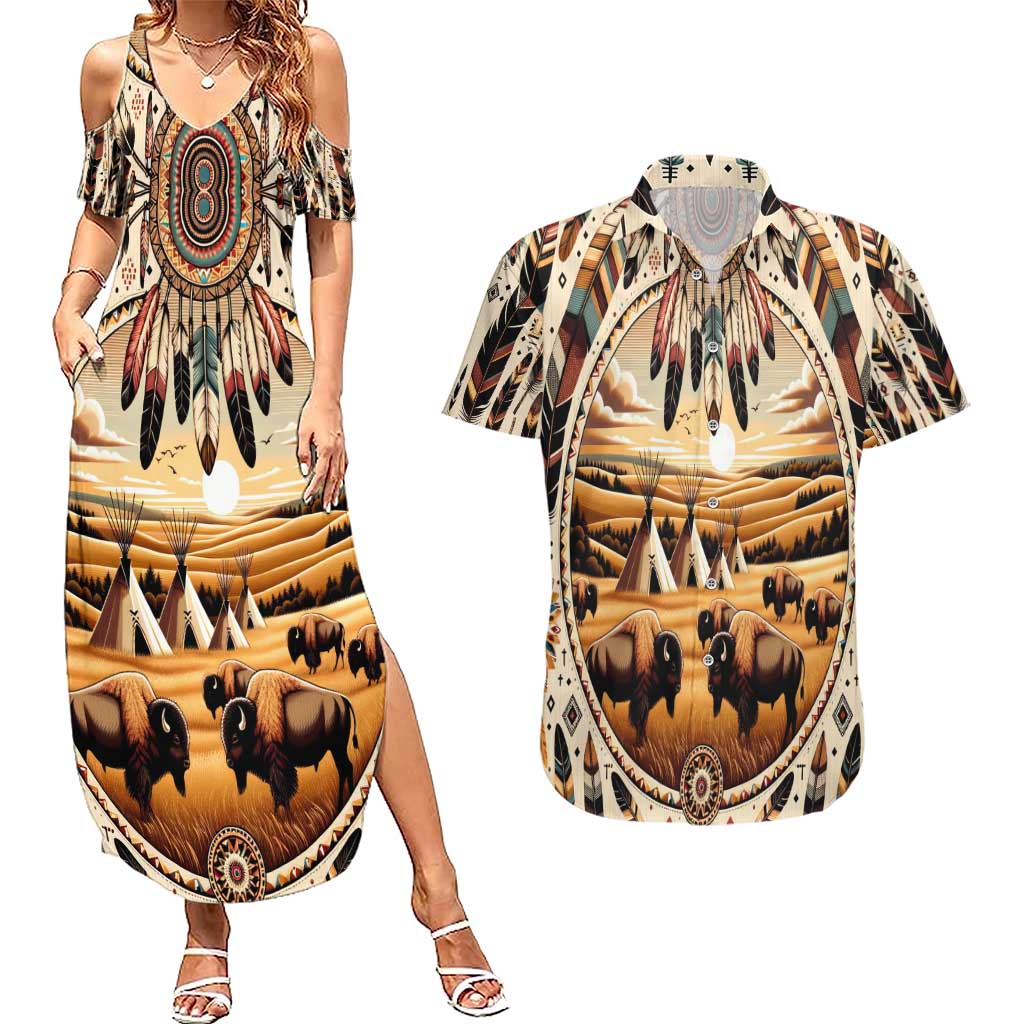 Native American Life Couples Matching Summer Maxi Dress and Hawaiian Shirt Teepee Village With Buffalo Bison - Wonder Print Shop