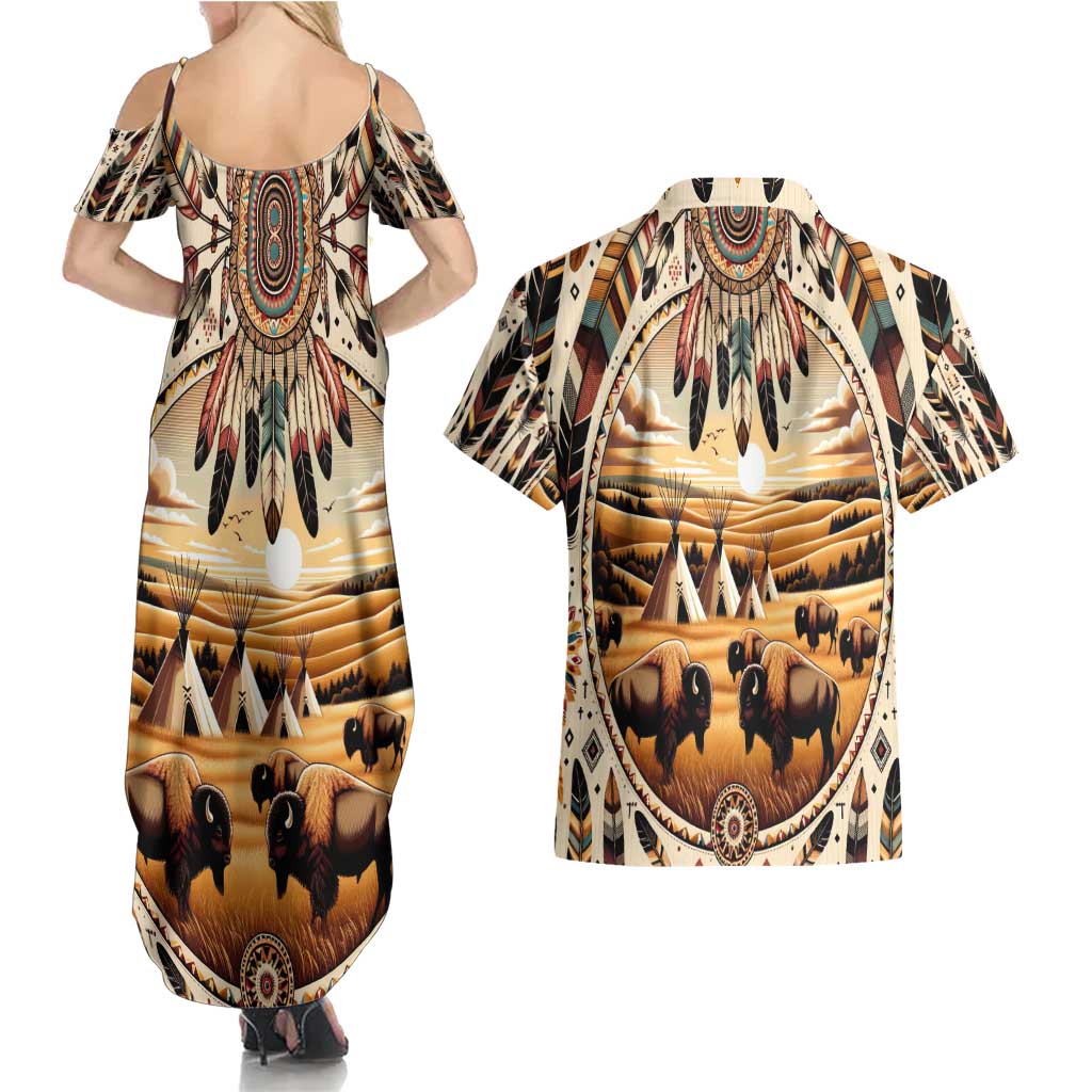 Native American Life Couples Matching Summer Maxi Dress and Hawaiian Shirt Teepee Village With Buffalo Bison - Wonder Print Shop