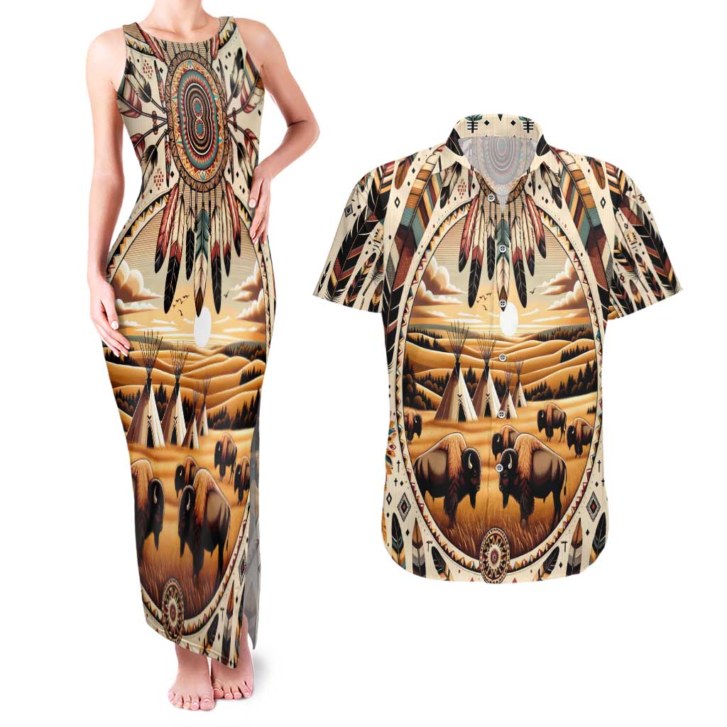Native American Life Couples Matching Tank Maxi Dress and Hawaiian Shirt Teepee Village With Buffalo Bison - Wonder Print Shop