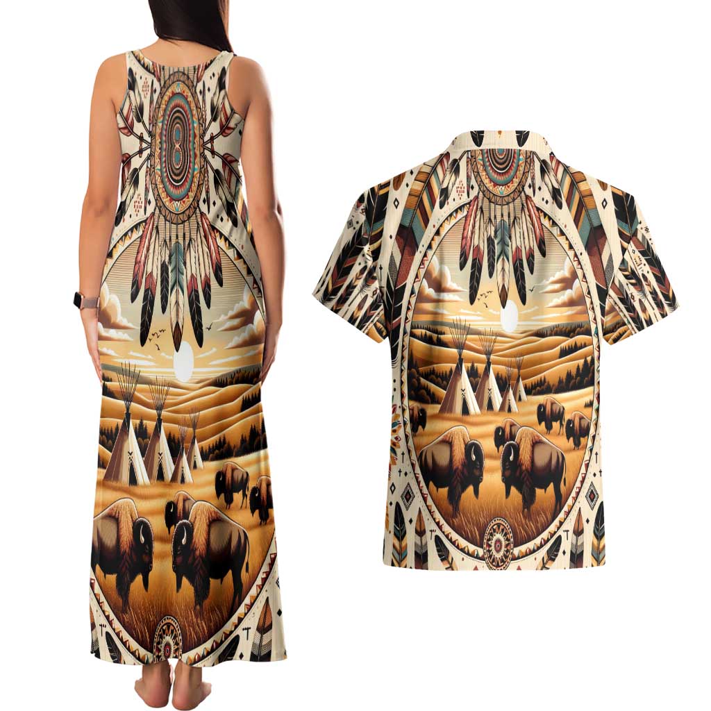 Native American Life Couples Matching Tank Maxi Dress and Hawaiian Shirt Teepee Village With Buffalo Bison - Wonder Print Shop