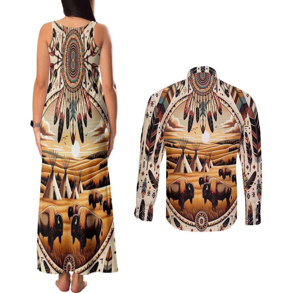 Native American Life Couples Matching Tank Maxi Dress and Long Sleeve Button Shirt Teepee Village With Buffalo Bison - Wonder Print Shop