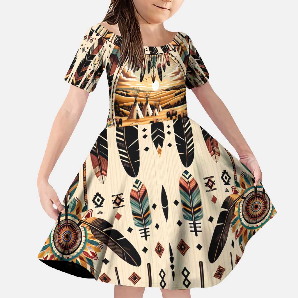 Native American Life Family Matching Long Sleeve Bodycon Dress and Hawaiian Shirt Teepee Village With Buffalo Bison - Wonder Print Shop