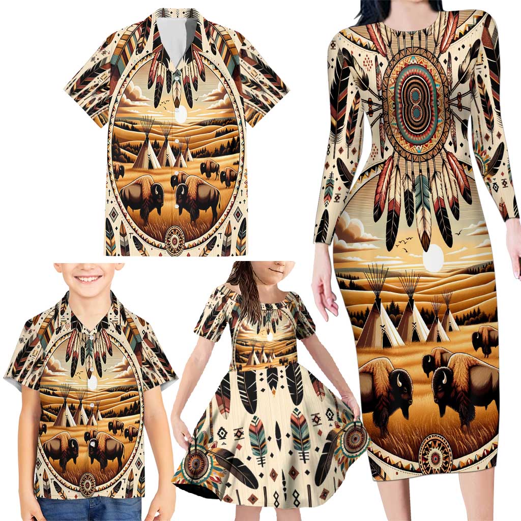 Native American Life Family Matching Long Sleeve Bodycon Dress and Hawaiian Shirt Teepee Village With Buffalo Bison - Wonder Print Shop