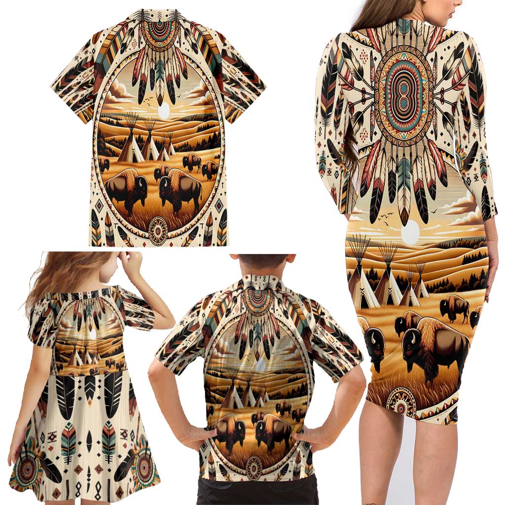 Native American Life Family Matching Long Sleeve Bodycon Dress and Hawaiian Shirt Teepee Village With Buffalo Bison - Wonder Print Shop