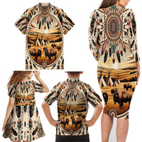 Native American Life Family Matching Long Sleeve Bodycon Dress and Hawaiian Shirt Teepee Village With Buffalo Bison - Wonder Print Shop