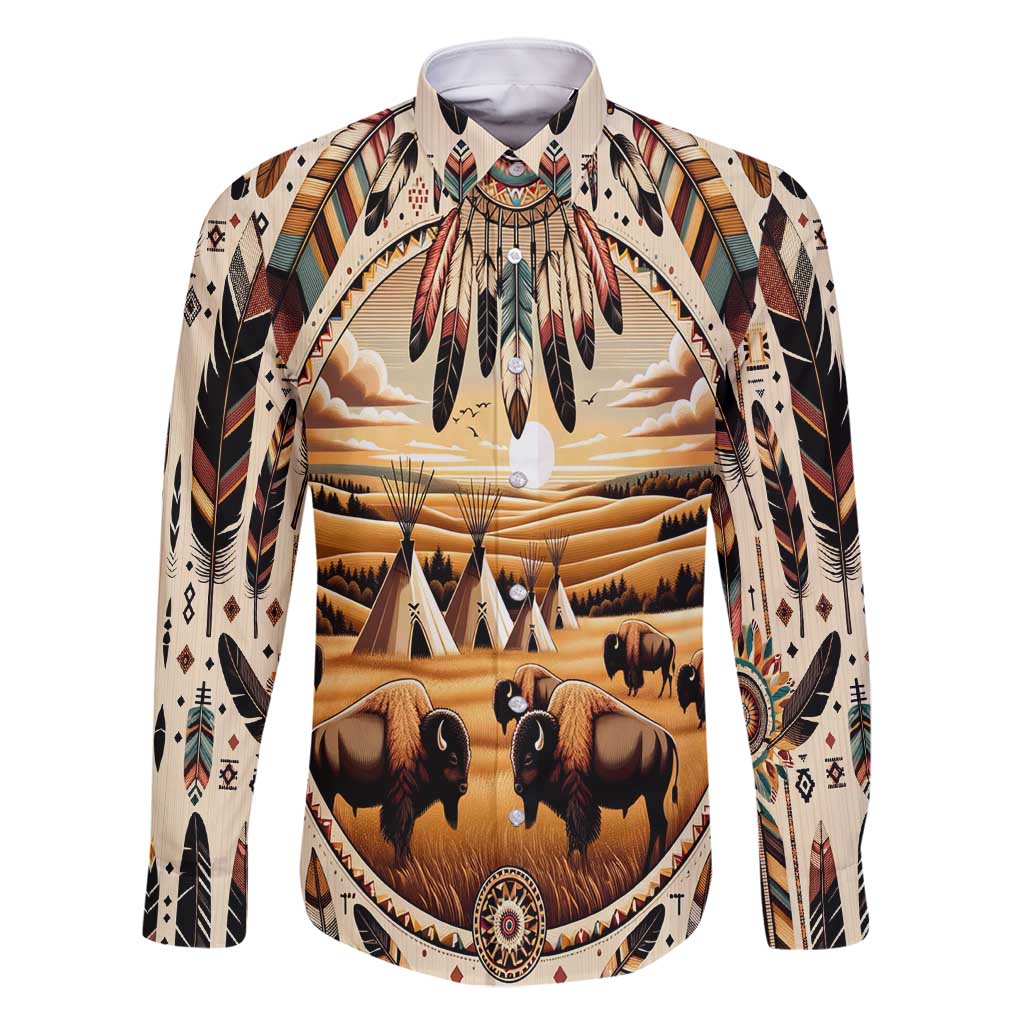 Native American Life Family Matching Long Sleeve Bodycon Dress and Hawaiian Shirt Teepee Village With Buffalo Bison - Wonder Print Shop