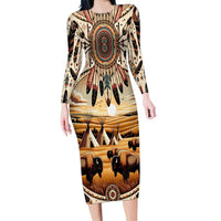 Native American Life Family Matching Long Sleeve Bodycon Dress and Hawaiian Shirt Teepee Village With Buffalo Bison - Wonder Print Shop