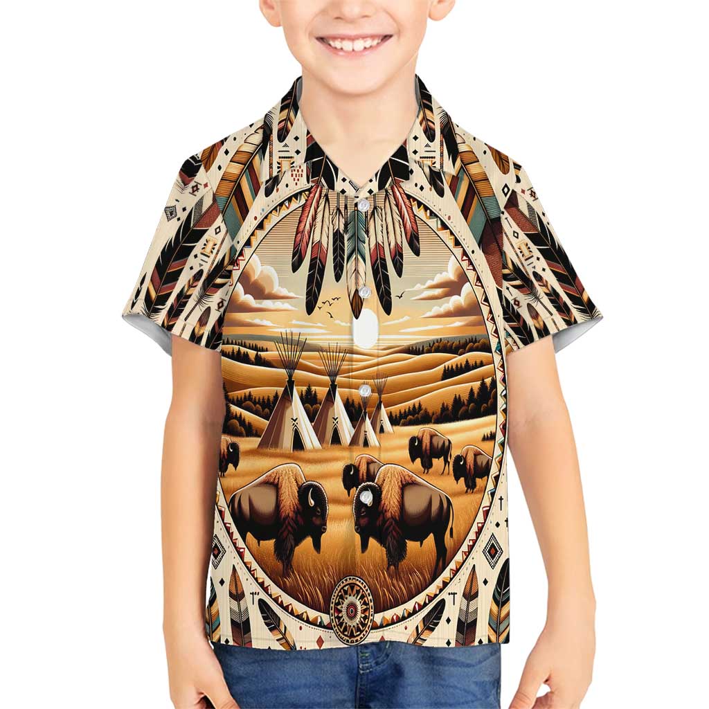 Native American Life Family Matching Long Sleeve Bodycon Dress and Hawaiian Shirt Teepee Village With Buffalo Bison - Wonder Print Shop