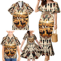 Native American Life Family Matching Mermaid Dress and Hawaiian Shirt Teepee Village With Buffalo Bison - Wonder Print Shop