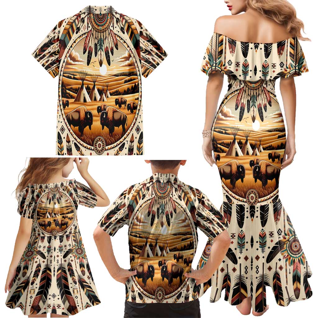 Native American Life Family Matching Mermaid Dress and Hawaiian Shirt Teepee Village With Buffalo Bison - Wonder Print Shop