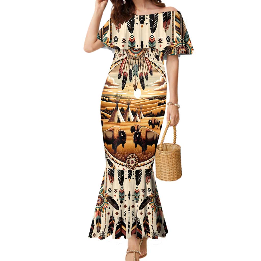 Native American Life Family Matching Mermaid Dress and Hawaiian Shirt Teepee Village With Buffalo Bison - Wonder Print Shop