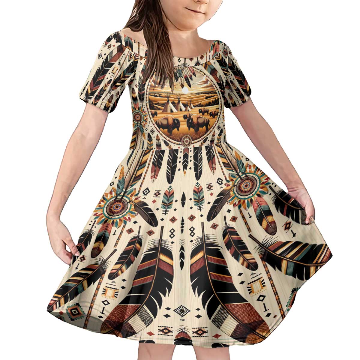 Native American Life Family Matching Off The Shoulder Long Sleeve Dress and Hawaiian Shirt Teepee Village With Buffalo Bison - Wonder Print Shop