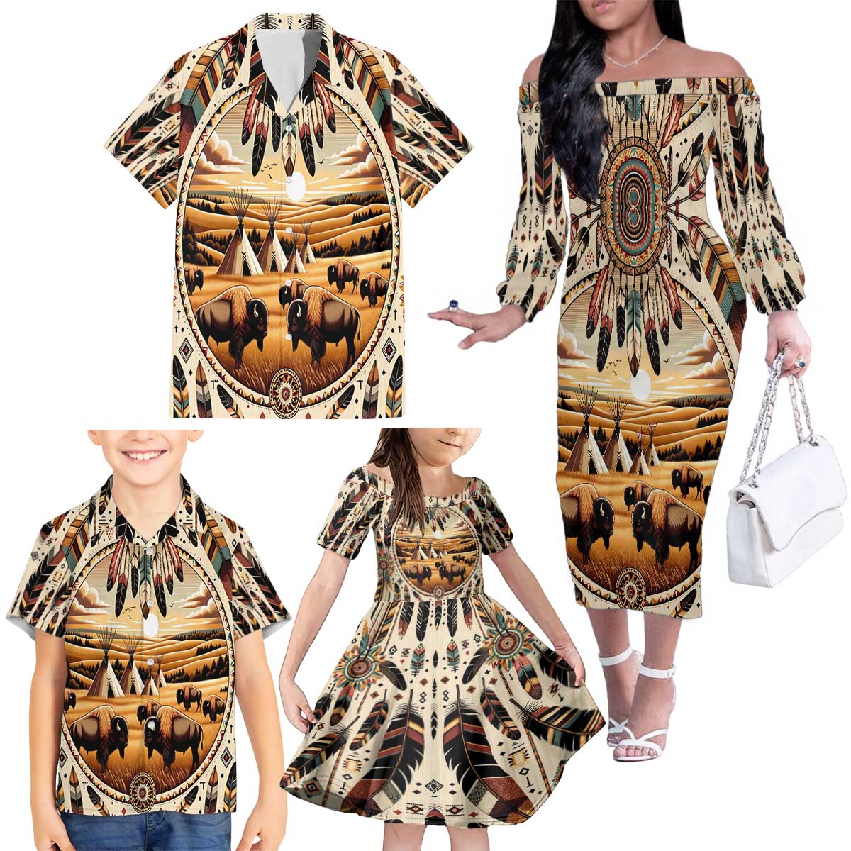 Native American Life Family Matching Off The Shoulder Long Sleeve Dress and Hawaiian Shirt Teepee Village With Buffalo Bison - Wonder Print Shop