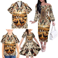 Native American Life Family Matching Off The Shoulder Long Sleeve Dress and Hawaiian Shirt Teepee Village With Buffalo Bison - Wonder Print Shop